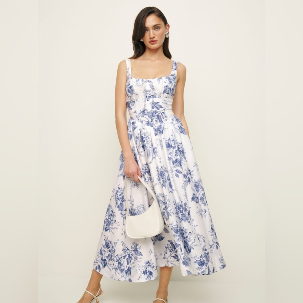 NWT Reformation Balia Midi Linen Dress in Lupine  Blue White Floral | size 2 - Picture 3 of 13